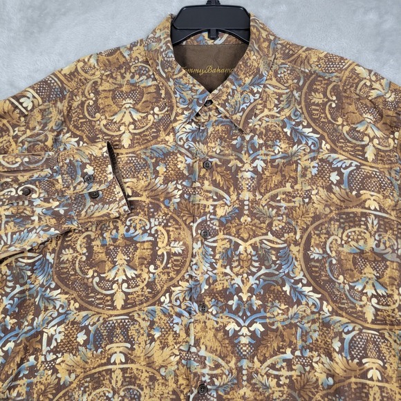 Tommy Bahama Brown Blue Mens 2XL Long Sleeve Button Down Shirt Cotton Silk Blend - Picture 1 of 8
